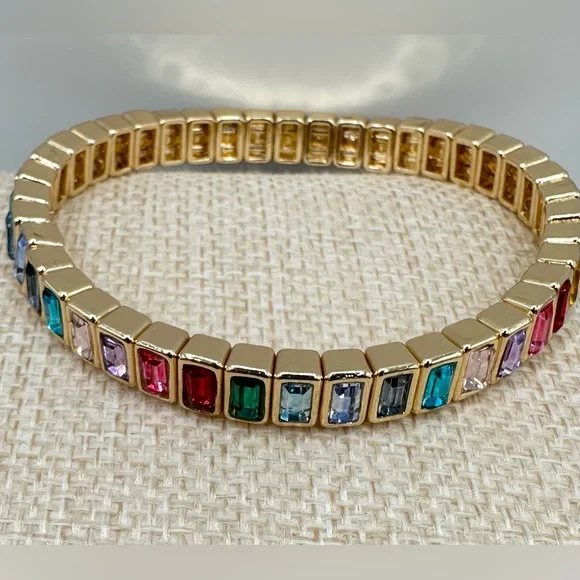 New never worn no tags stretch Elegant Multicolor Gemstone Bracelet gold toned - Picture 1 of 1